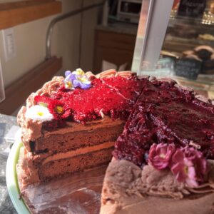 Sugar Free Chocolate Cake with Raspberry Compote and Chocolate Cream Cheese Frosting
